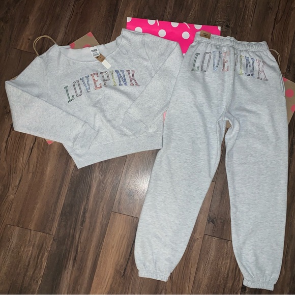 NEW VS PINK Size SMALL Rainbow Rhinestone Bling Set. Campus Pant & Sweatshirt. - Picture 2 of 14